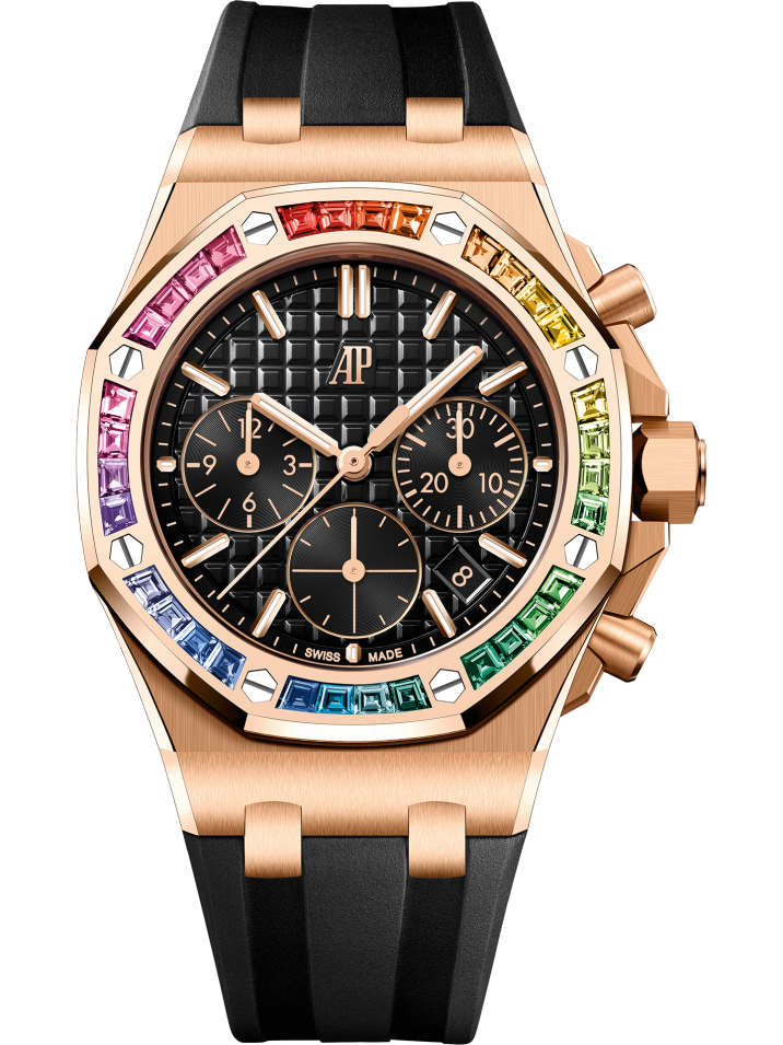 Audemars Piguet Royal Oak Offshore Chronograph Pink Rose Gold Rainbow Gems Bezel Black Dial 26236OR.YY.D002CA.01 Sky Diamonds