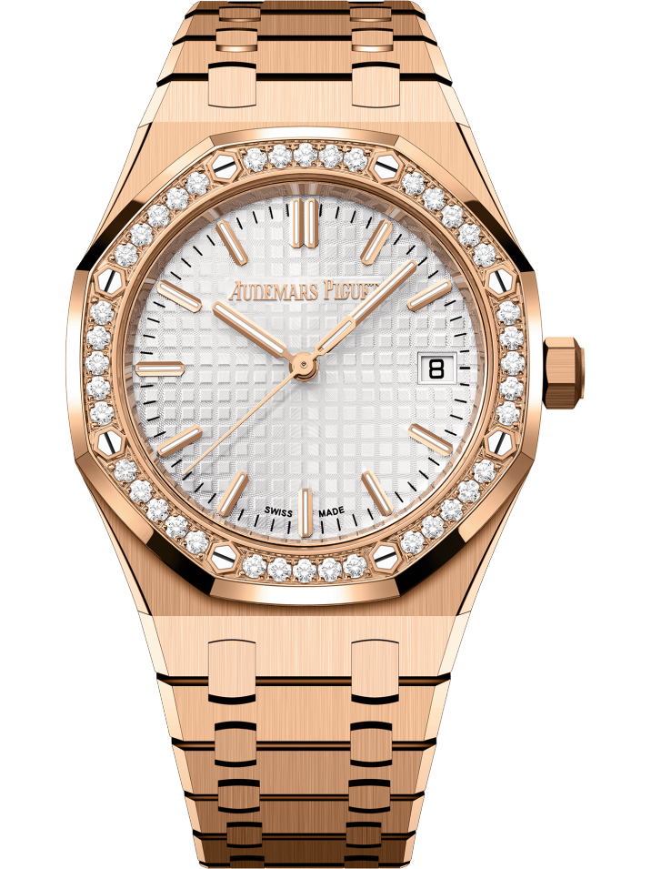 Audemars Piguet Royal Oak 77451OR.ZZ.1361OR.03 18K Rose Gold Diamond Bezel Silver Index Dial 34mm Sky Diamonds