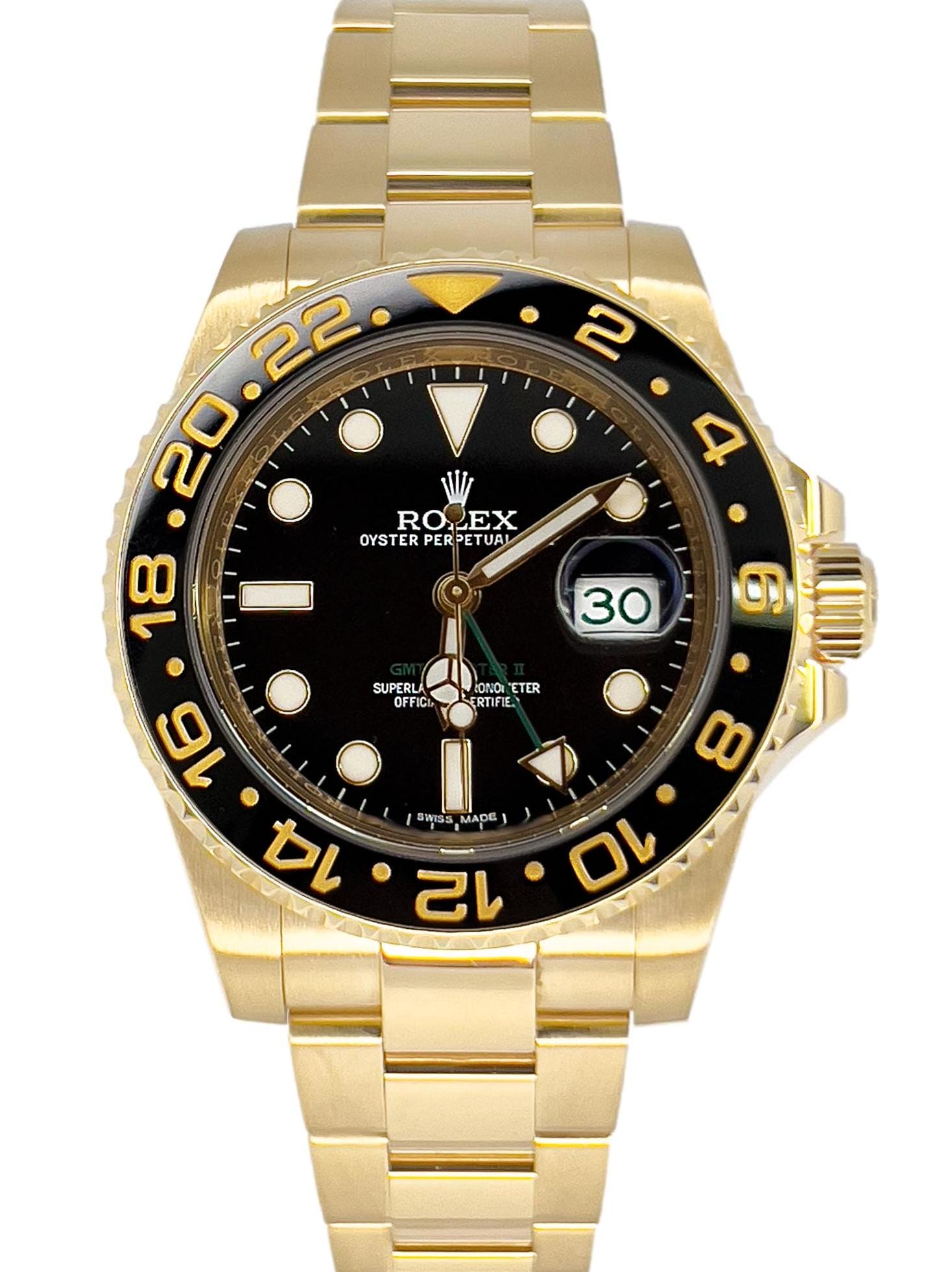 Front view of the Rolex GMT-Master II 126710BLNR Batman with blue-black bezel and black dial