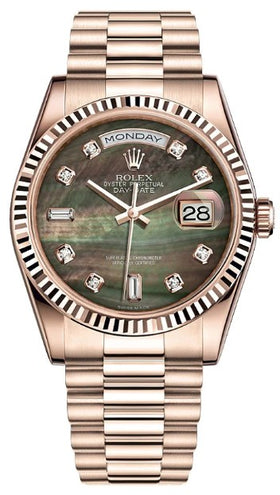 Rolex Day-Date 36 Rose Gold Black Mother of Pearl Diamond Dial 118235F