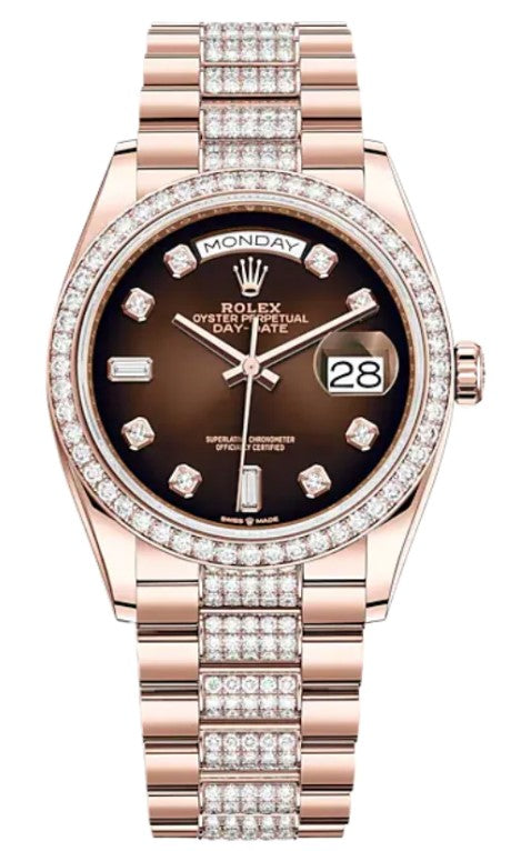 Rolex Day-Date 36 Rose Gold Diamond Bezel Brown Diamond Dial 128345RBR
