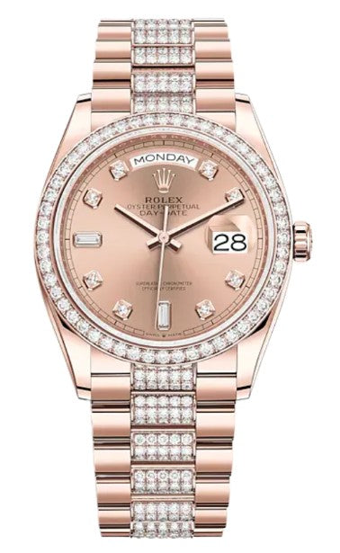 Rolex Day-Date 36 Rose Gold Diamond Bezel Rosé Diamond Dial 128345RBR