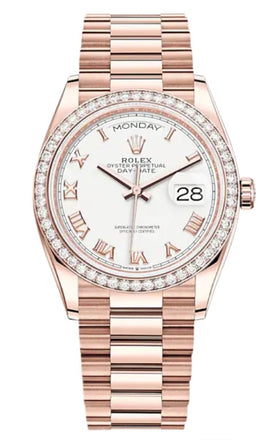Rolex Day-Date 36 Rose Gold Diamond Bezel White Dial 128345RBR
