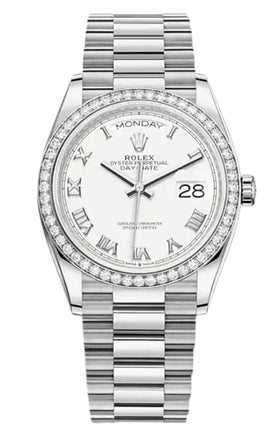 Rolex Day-Date 36 White Gold Diamond Bezel White Dial 128349RBR