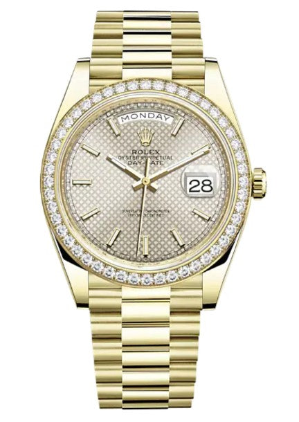 Rolex Day-Date 40 Yellow Gold Diamond Bezel Silver Dial 228348RBR