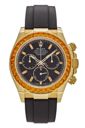 Rolex Daytona Yellow Gold Orange Sapphire Bezel Black Diamond Dial 116588SACO