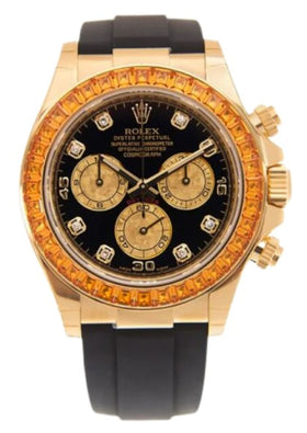 Rolex Daytona Yellow Gold Orange Sapphire Bezel Black Diamond Dial 116588SACO