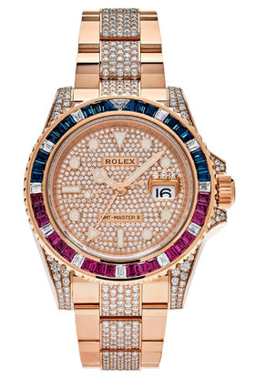 Rolex GMT Master II Rose Gold Sapphire & Rubies Diamond Pave 126755SARU