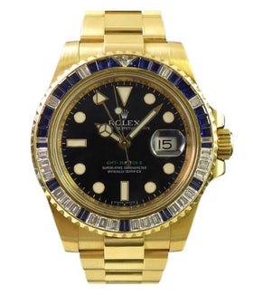 Rolex GMT Master II Yellow Gold Sapphire & Diamond Bezel Black Dial 116748SA