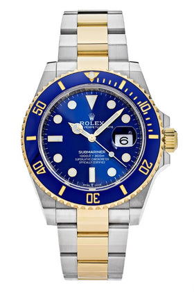 Front view of Rolex Submariner Date 126613LB with a blue dial and two-tone Oyster bracelet