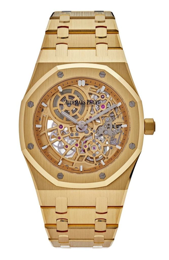 Front view of the Audemars Piguet Royal Oak 16204BA Jumbo Extra-Thin Yellow Gold Openworked watch