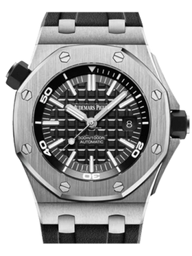 Front view of the Audemars Piguet Royal Oak Offshore Diver 15710ST with black dial and Méga Tapisserie pattern.