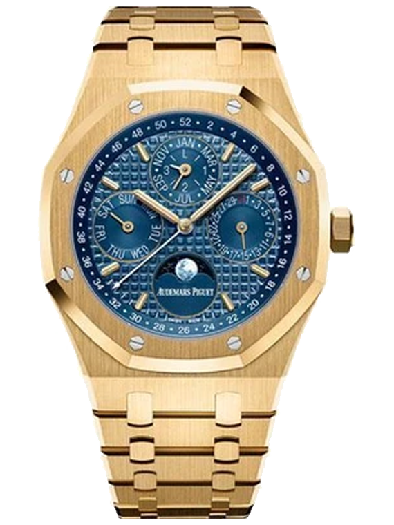 Audemars Piguet Royal Oak Perpetual Calendar Watch 26574BA.OO.1220BA.01 Yellow Gold Blue Dial Moonphase