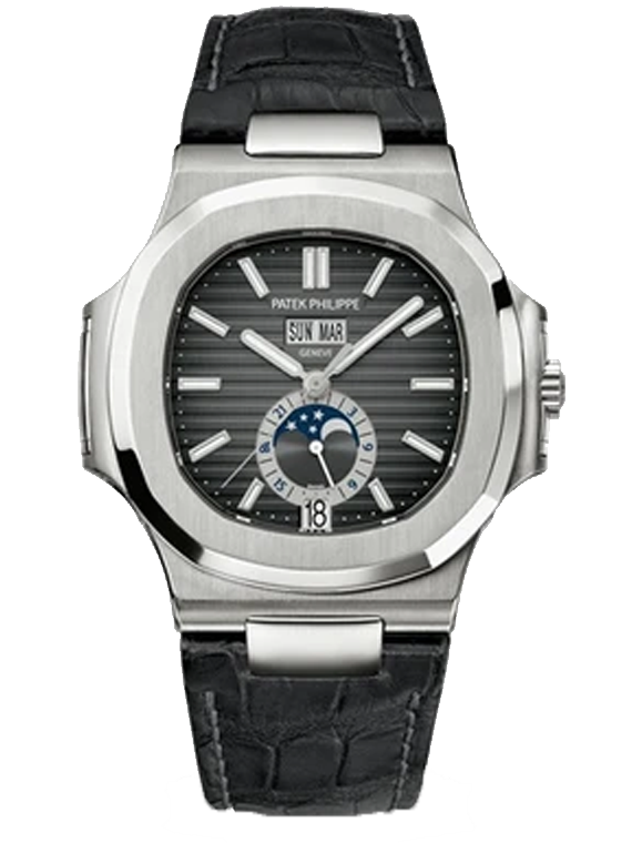 Patek Philippe Nautilus 5726A-001 Stainless Steel Moon Phase Black Leather Strap