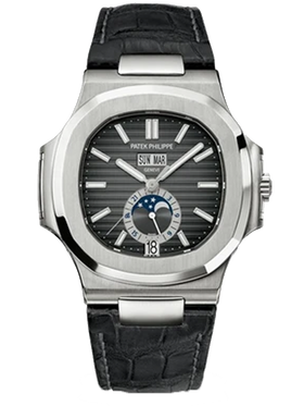 Patek Philippe Nautilus 5726A-001 Stainless Steel Moon Phase Black Leather Strap