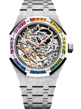 Audemars Piguet Royal Oak Frosted Gold Double Balance Wheel Openworked 37mm Rainbow Baguette Sapphires Bezel 15468BC.YG.1259BC.01-B